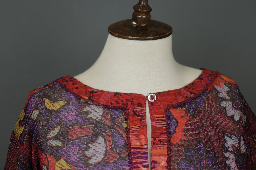 FUZZI Multi Geo Print Balloon Sleeve Round Neck Keyhole Front Mini Dress M/L