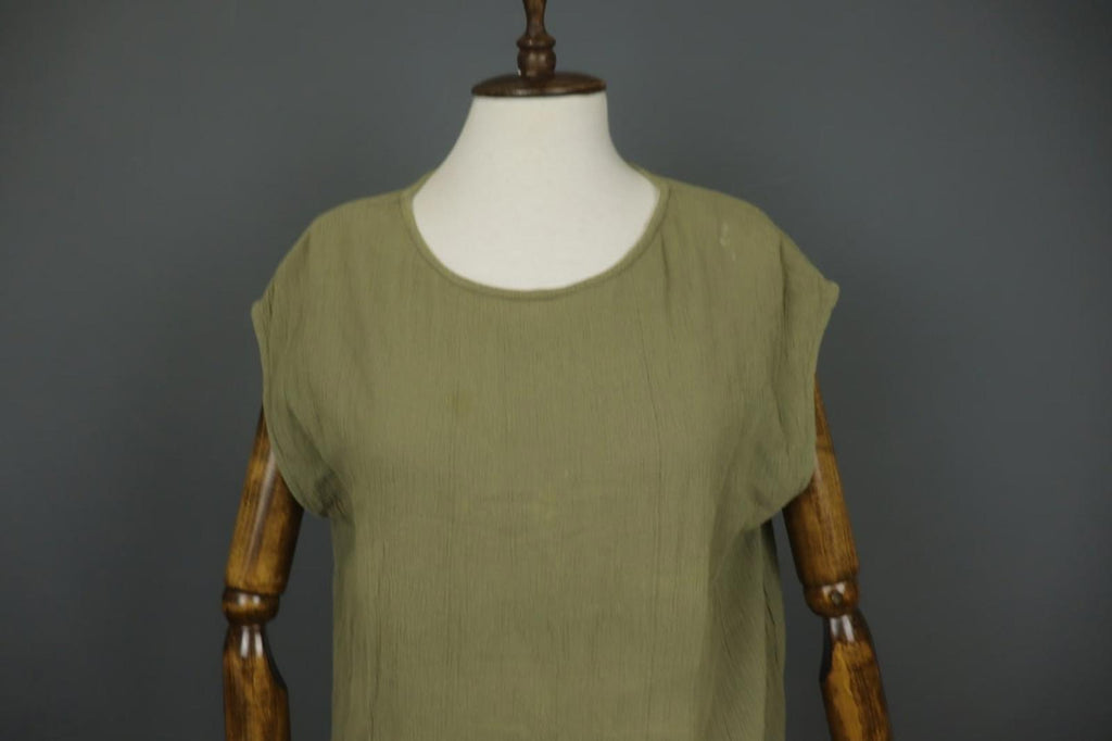 GUDRUN SJODEN Green 100% Cotton Round Neck Side Slit Sleeveless Long Dress Sz L