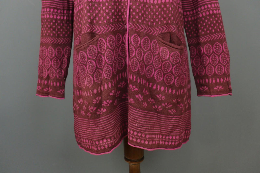 GUDRUN SJÖDEN Burgundy Geo Print Long Sleeve Button Front Cardigan Sweater Sz M
