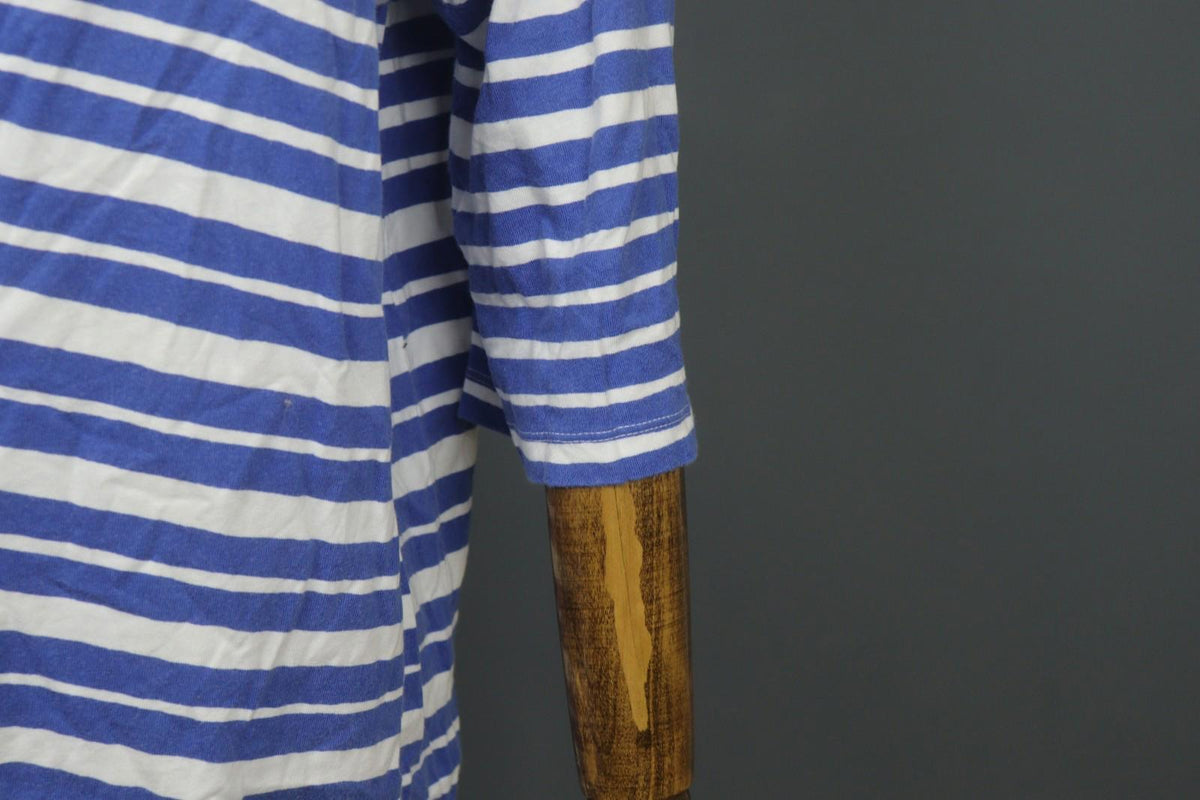 MARIMEKKO Blue White Striped 100% Cotton Round Neck 3/4 Sleeve Tunic Dress Sz L