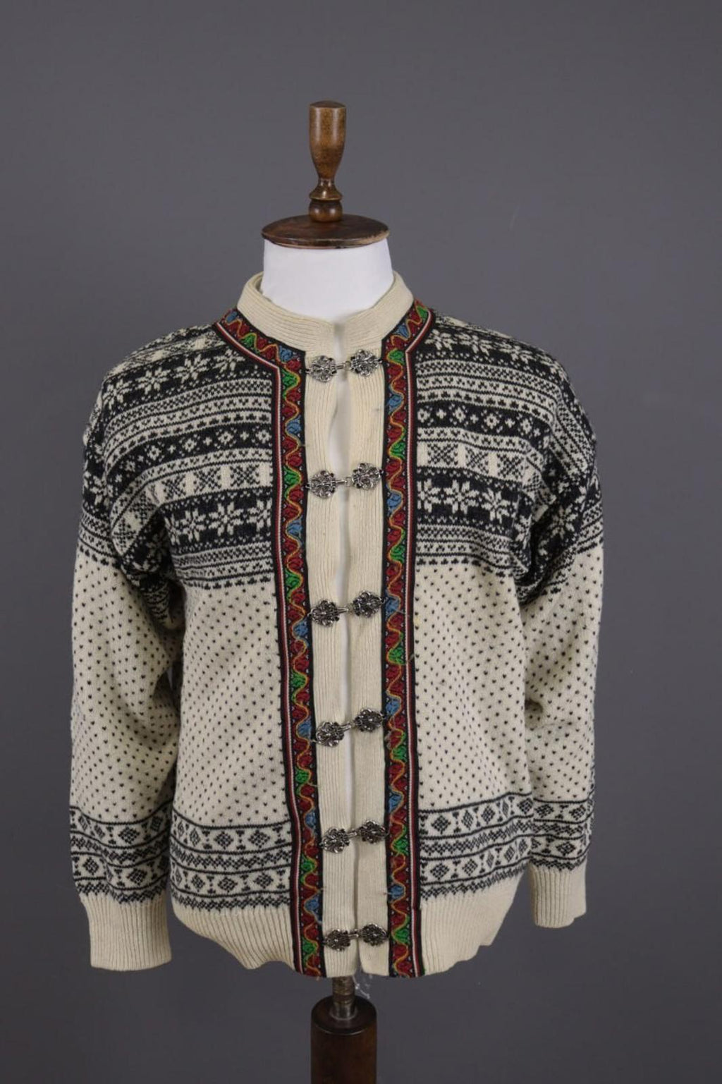 DALE OF NORWAY Beige Fair Isle Wool Knit Button Ski Cardigan Sweater S 48