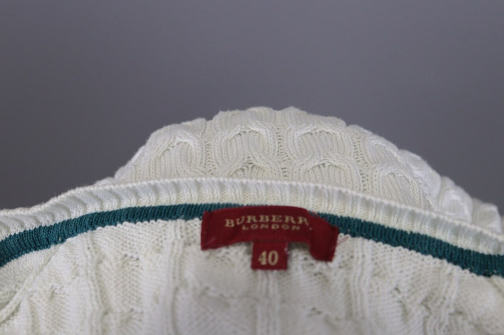 Burberry London White Striped Knit V-Neck Sweater – Size 40
