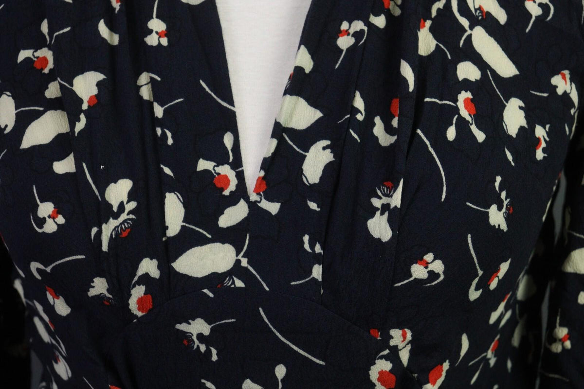 BA&SH Black Floral Long Sleeve V-Neck Belted A-Line Midi Dress – Size 4