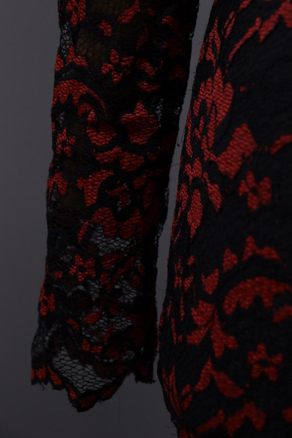 GANNI Red Floral Lace Embroidered Long Sleeve Bodycon Midi Dress – Size M