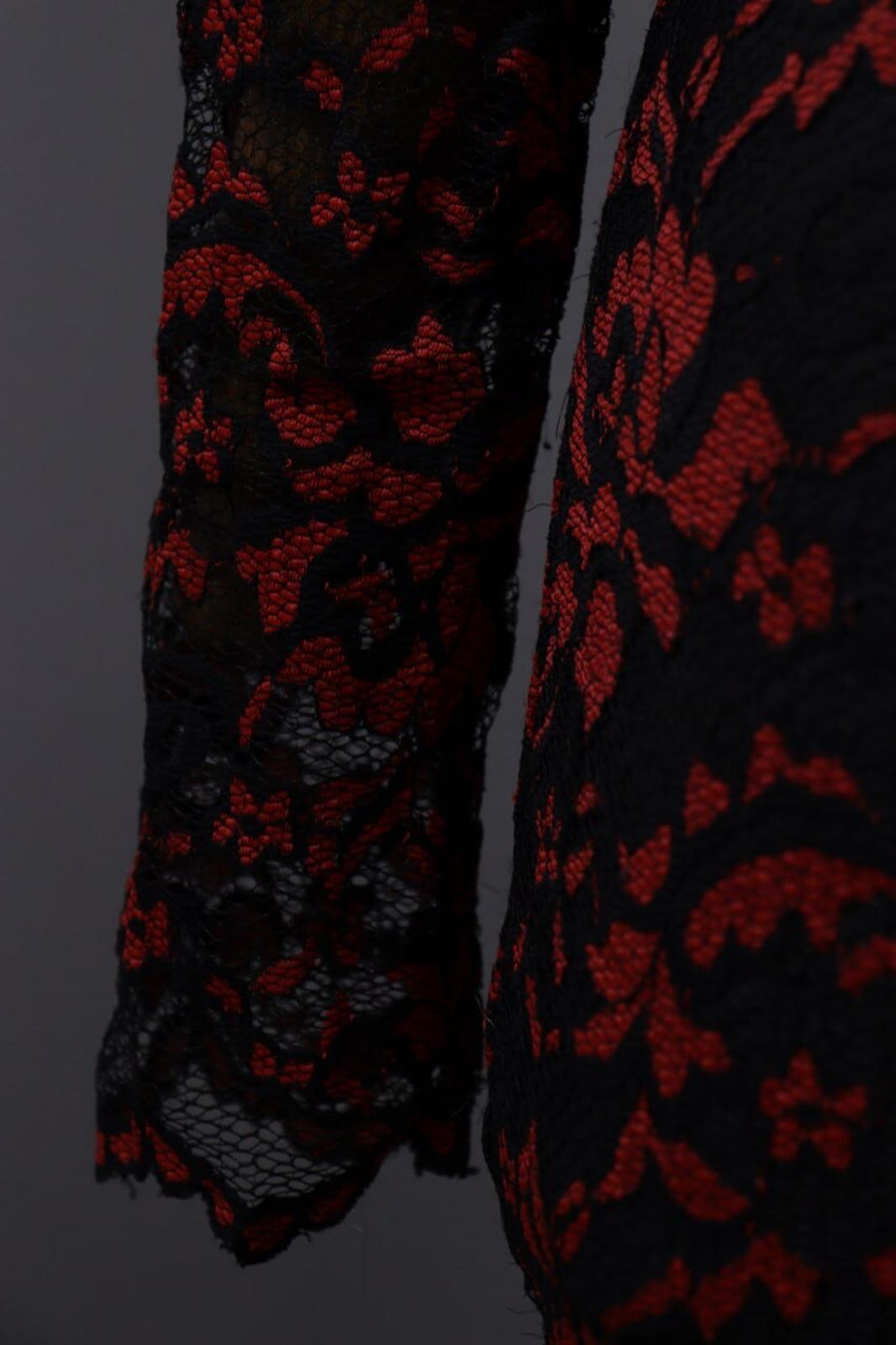 GANNI Red Floral Lace Embroidered Long Sleeve Bodycon Midi Dress – Size M