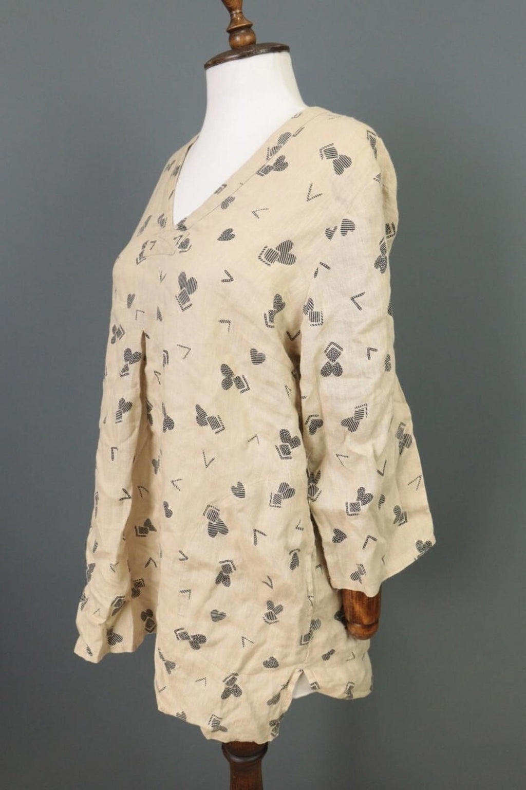 GUDRUN SJODEN Beige Printed Linen Long SLeeve Lagenlook Blouse Tunic Shirt Sz M