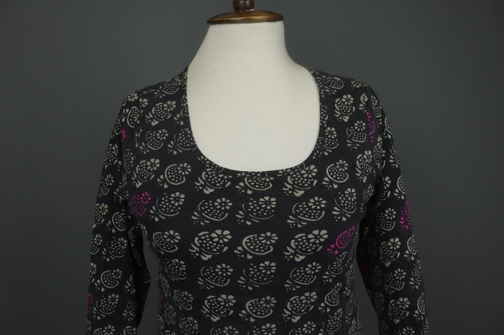 MARIMEKKO 036916 SITRUUNA Black Floral 100% Cotton Scoop Neck Blouse Top – Size S