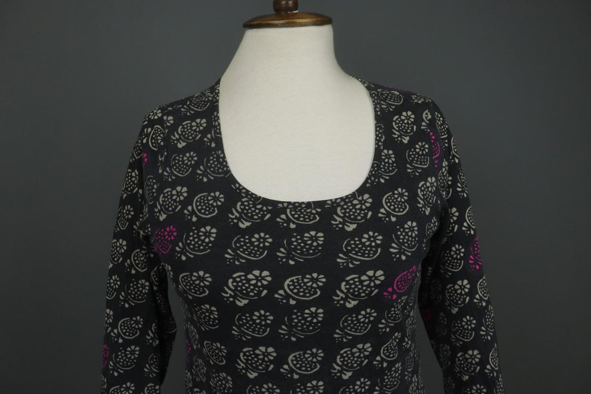 MARIMEKKO 036916 SITRUUNA Black Floral 100% Cotton Scoop Neck Blouse Top – Size S