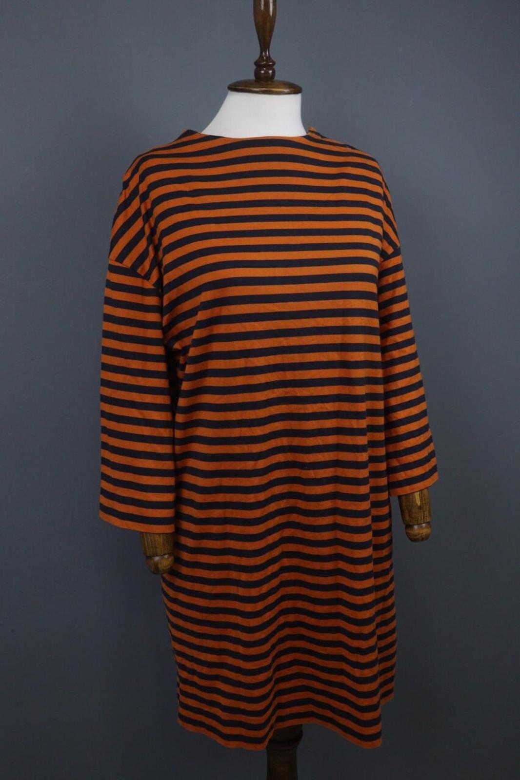 MARIMEKKO TASHIA Orange Black Striped Cotton Long Sleeve Shift Dress – Size XL
