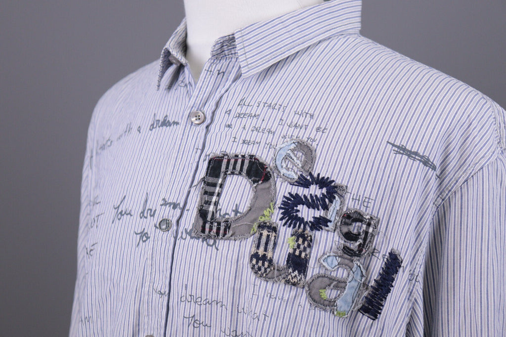 Desigual Regular Fit Blue Pinstripe Printed Long Sleeve Button Down Shirt Sz XXL