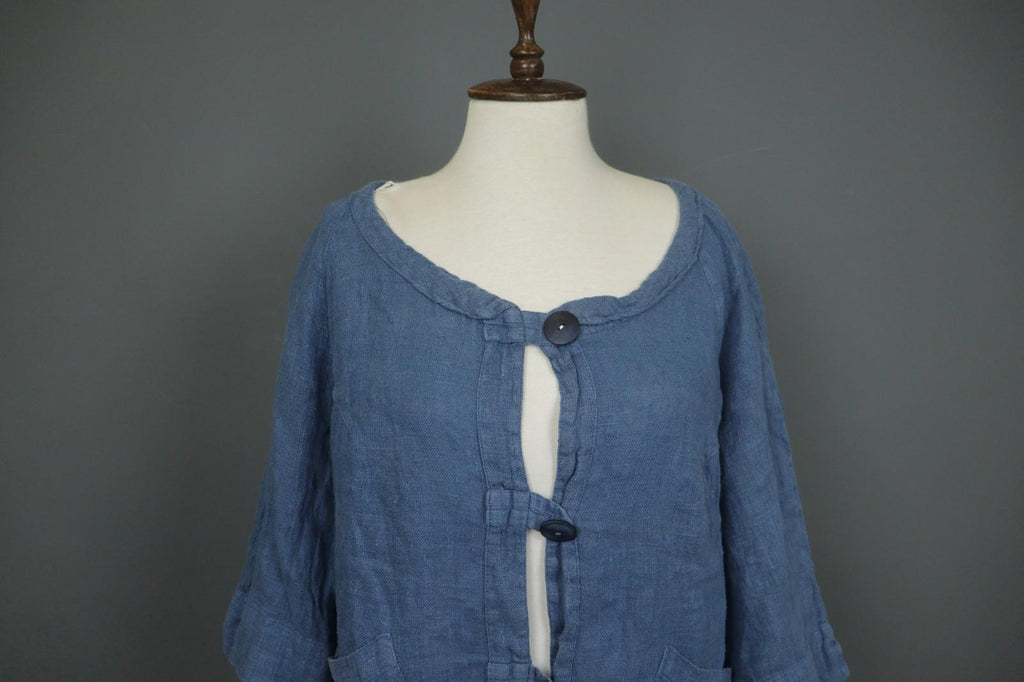 GRIZAS Blue Linen Knitted 3/4 Sleeve Pocket Hem Button Front Cardigan – Size L