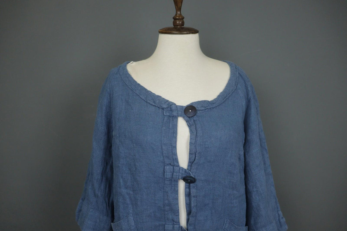 GRIZAS Blue Linen Knitted 3/4 Sleeve Pocket Hem Button Front Cardigan – Size L