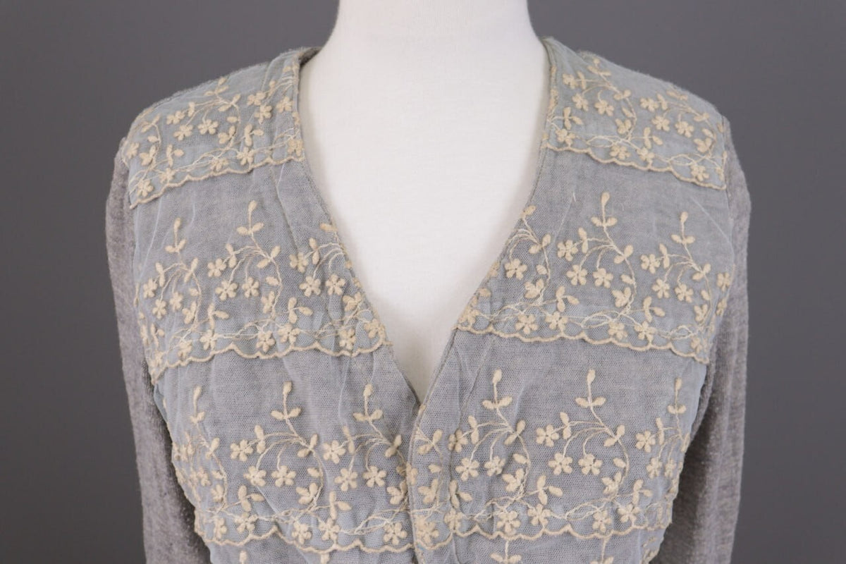 Elisa Cavaletti Gray Floral Mesh Wool Cropped Cardigan Sweater – Size L – Used