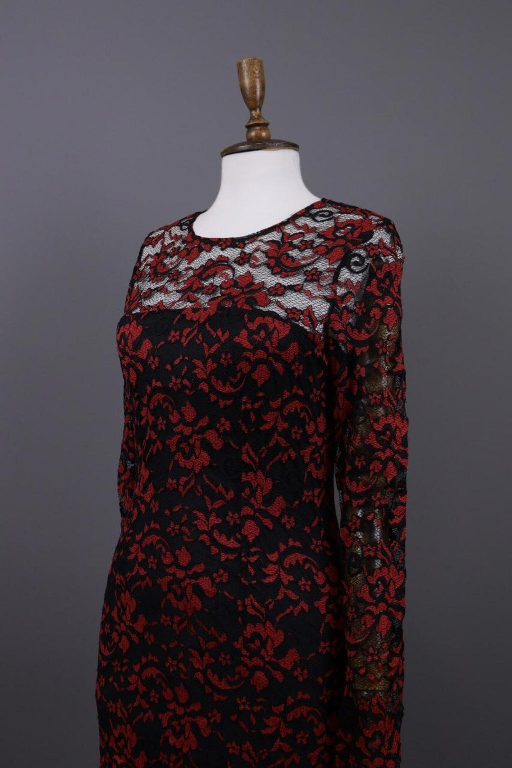 GANNI Red Floral Lace Embroidered Long Sleeve Bodycon Midi Dress – Size M