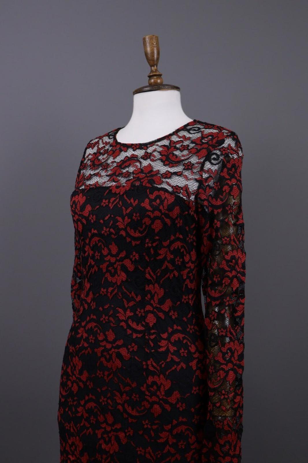 GANNI Red Floral Lace Embroidered Long Sleeve Bodycon Midi Dress – Size M