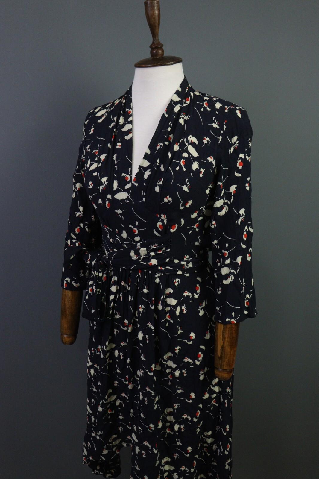 BA&SH Black Floral Long Sleeve V-Neck Belted A-Line Midi Dress – Size 4