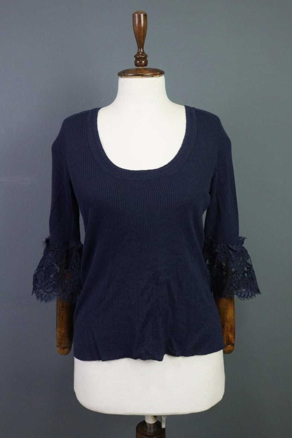 Oscan De La Renta Blue 3/4 Sleeve Ribbed Wool Cropped Sweater – Size L