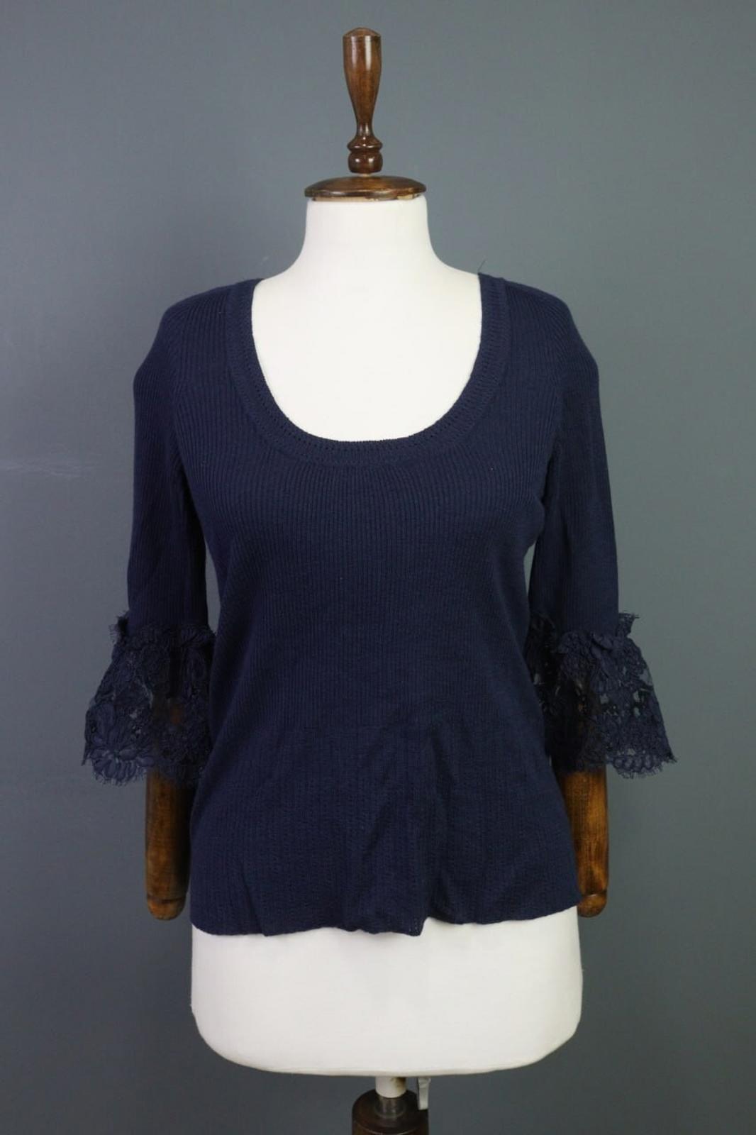 Oscan De La Renta Blue 3/4 Sleeve Ribbed Wool Cropped Sweater – Size L