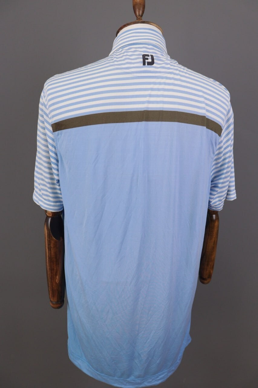 FJ FootJoy Athletic Fit Blue Striped Golf Short Sleeve Polo Shirt – Size L