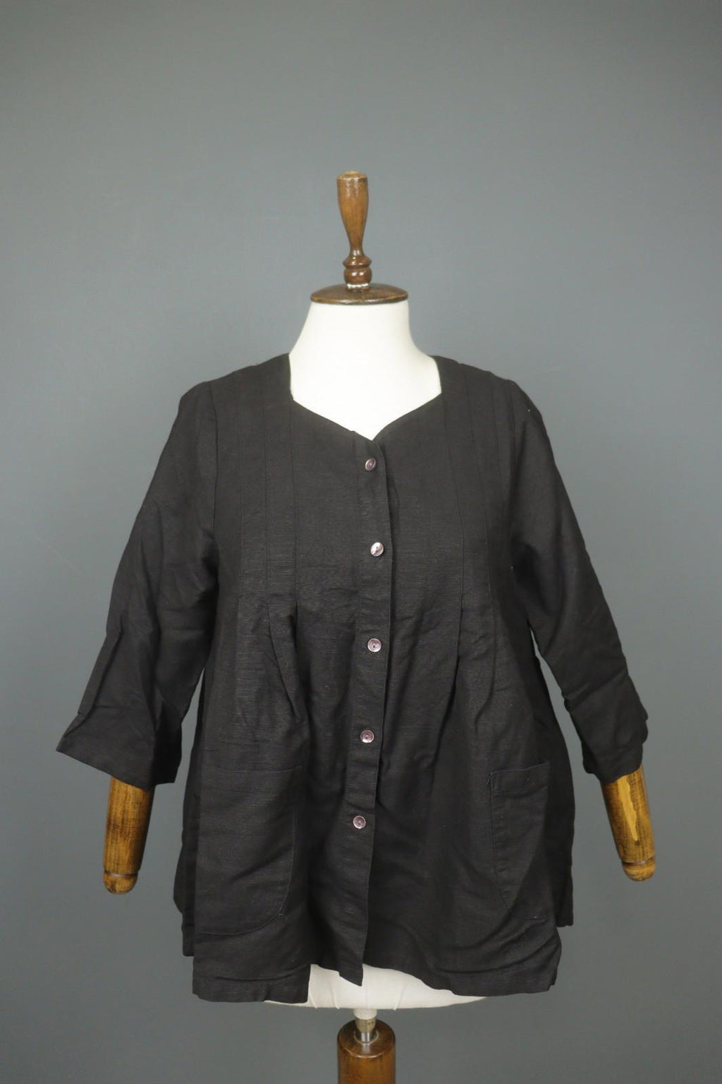 GUDRUN SJÖDEN Black Linen Pockets 3/4 Sleeve Button Front Blouse Top – Size S