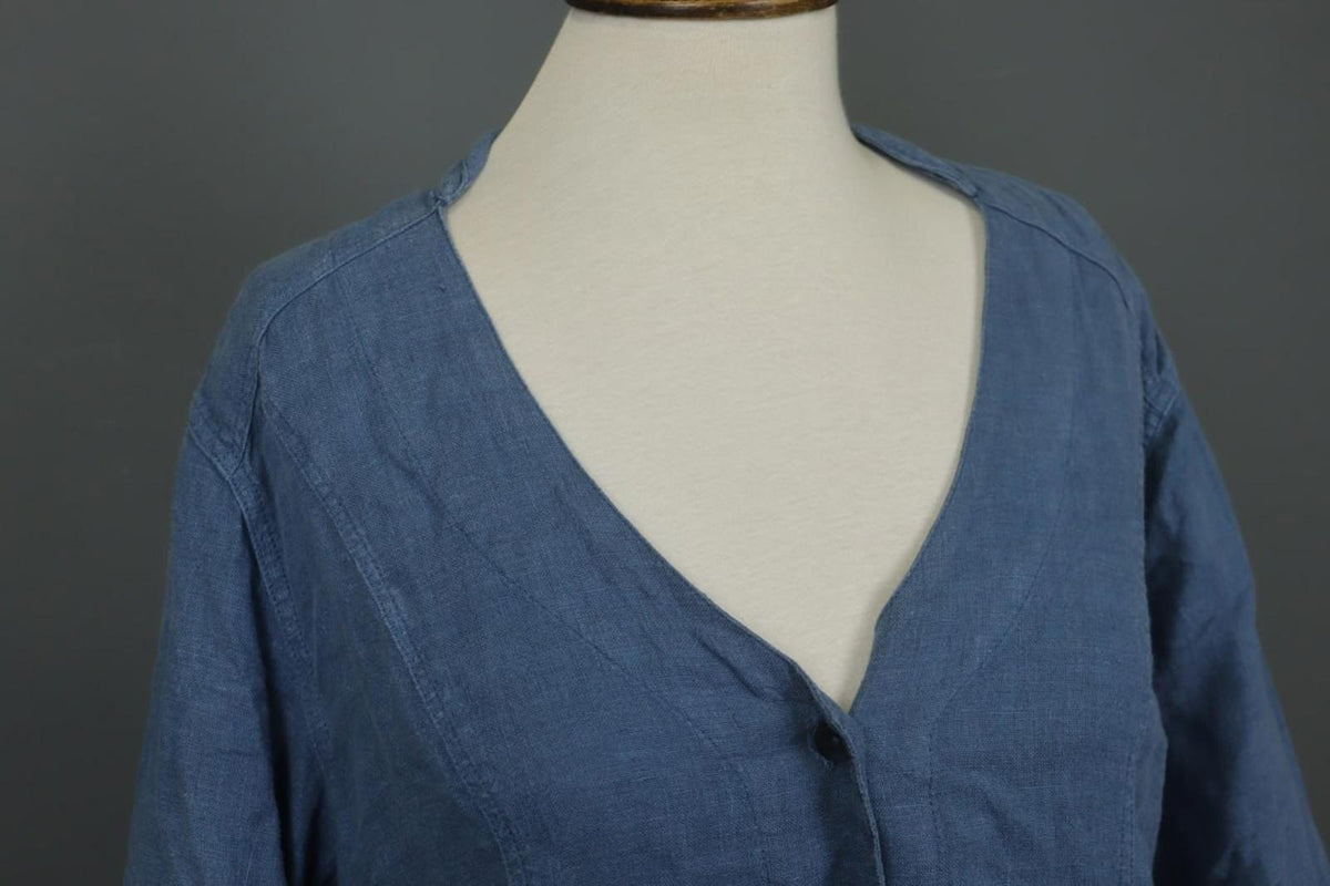GRIZAS Blue 100% Linen Long Sleeve Band Collar Button Front Tunic Dress – Size M