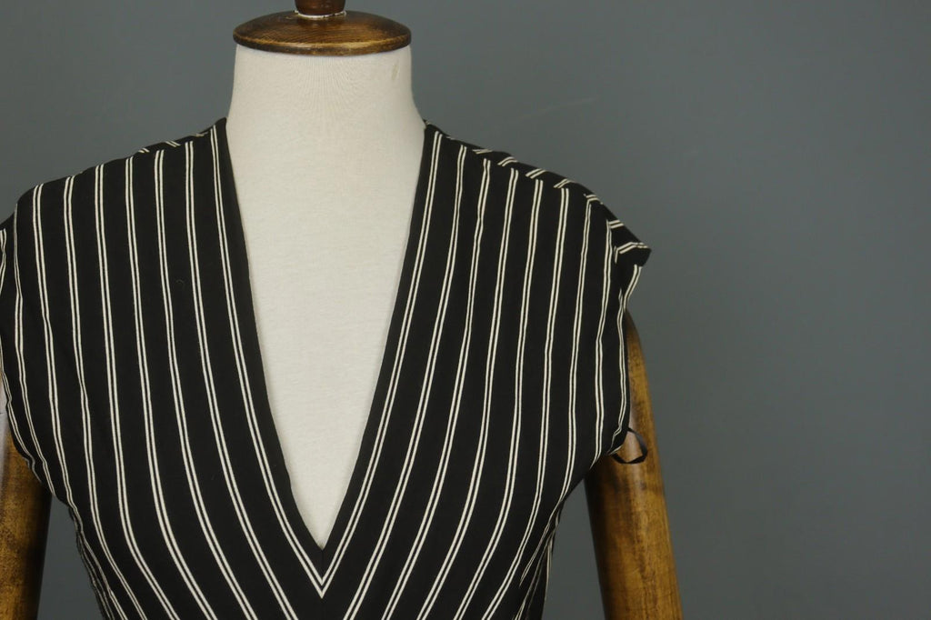 MAX MARA Black White Striped Viscose Deep V-Neck Back Zip Sheath Dress – Size S