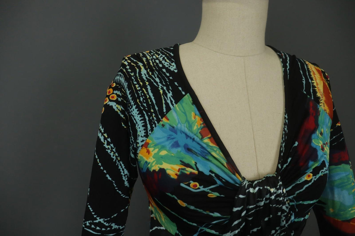 ROBERTO CAVALLI Multicolor Geometric Long Sleeve V-Neck Midi Shift Dress – Size L