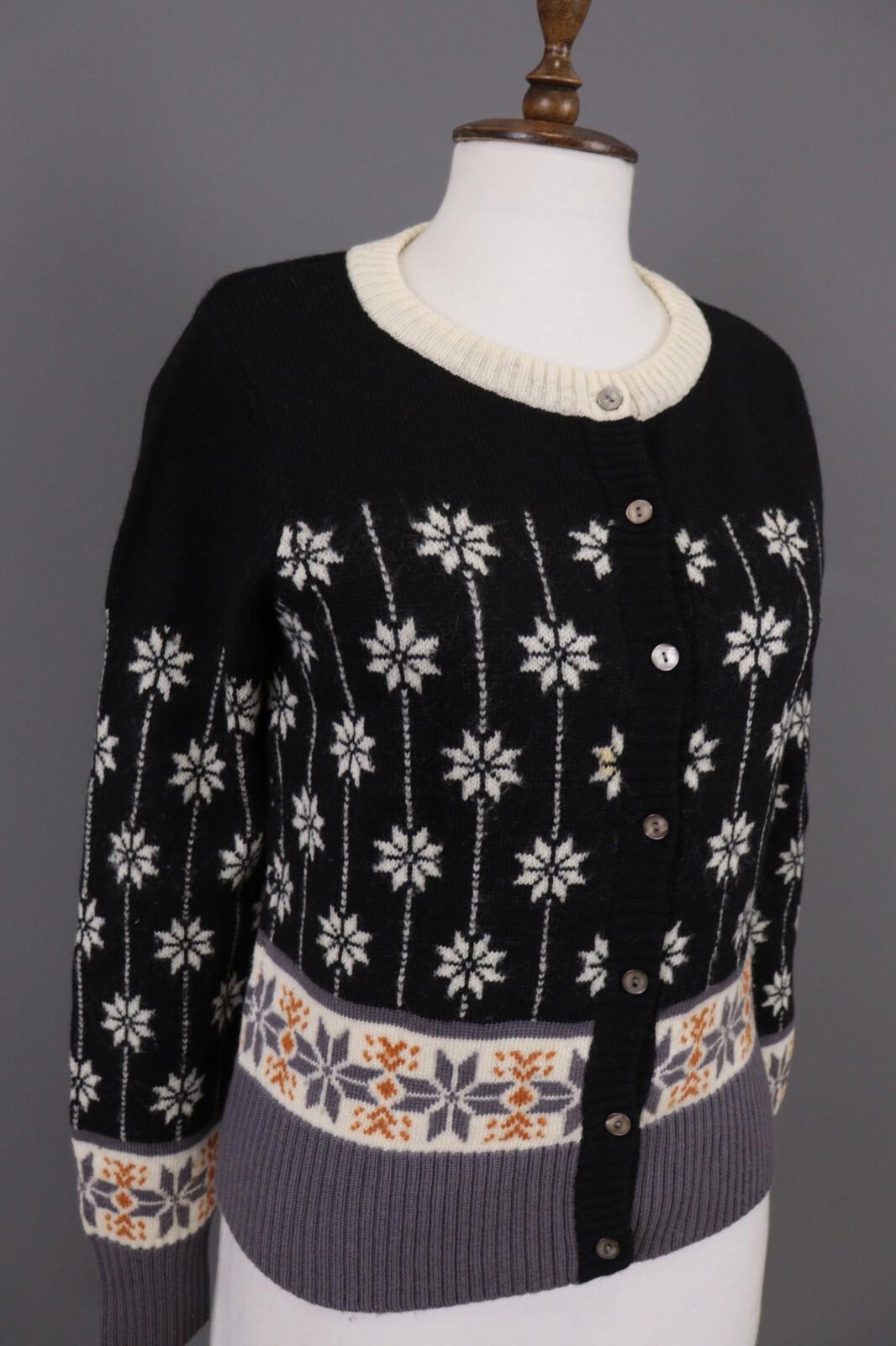 GUDRUN SJODEN Black Floral Wool Knit Cardigan Sweater – Size M