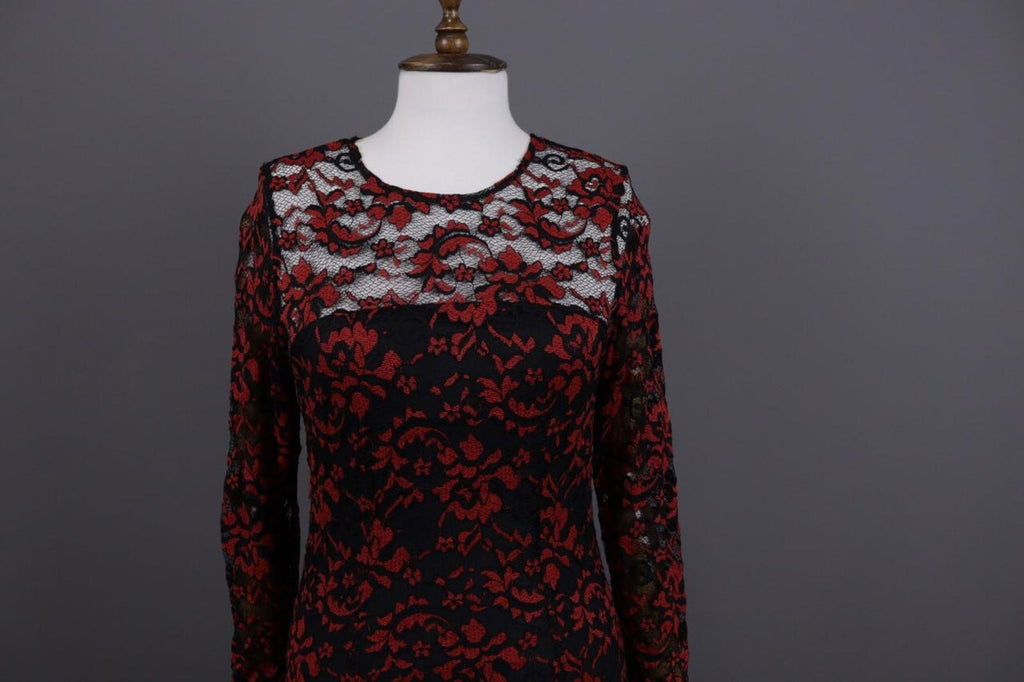 GANNI Red Floral Lace Embroidered Long Sleeve Bodycon Midi Dress – Size M