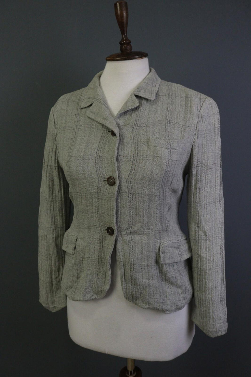 JIL SANDER Gray Plaid 100% Linen Three Button Blazer Jacket – Size 38