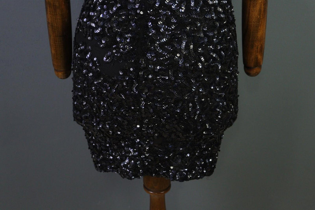 ALICE + OLIVIA Black Sequin Cap Sleeve Round Neck Top Blouse Shirt
