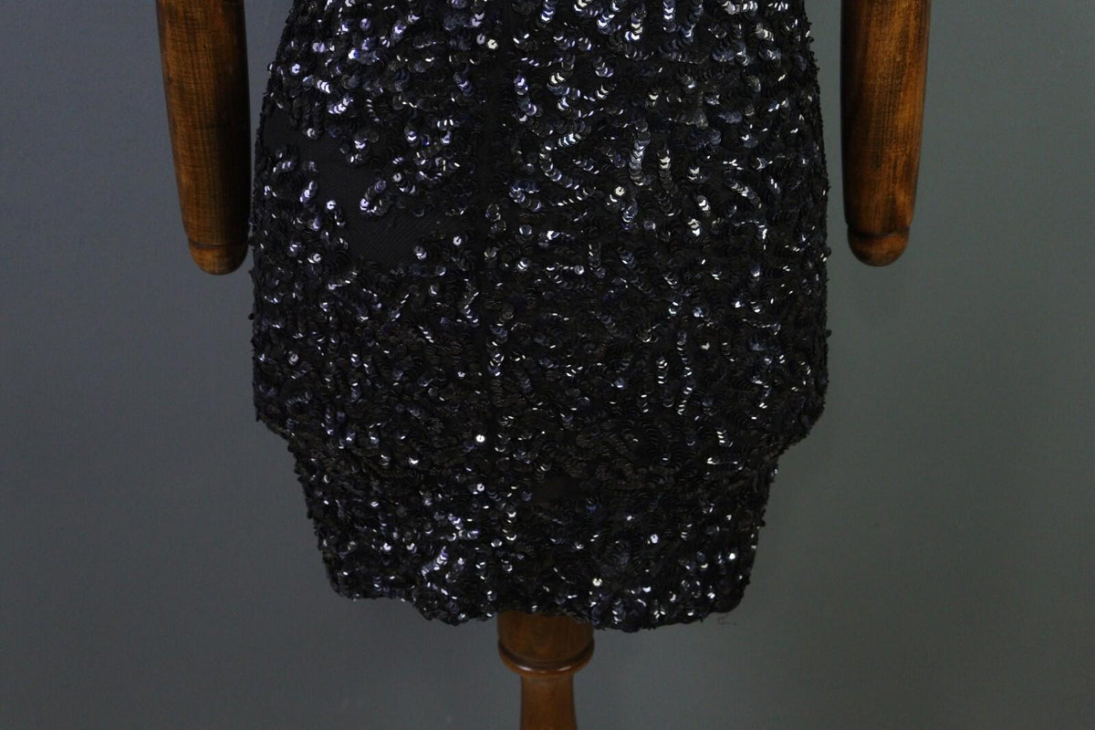 ALICE + OLIVIA Black Sequin Cap Sleeve Round Neck Top Blouse Shirt