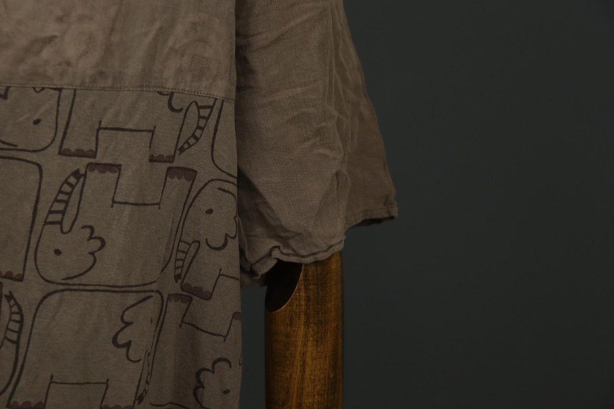 GUDRUN SJODEN Brown Elephant Print 3/4 Sleeve Round Neck Shift Dress – Size S