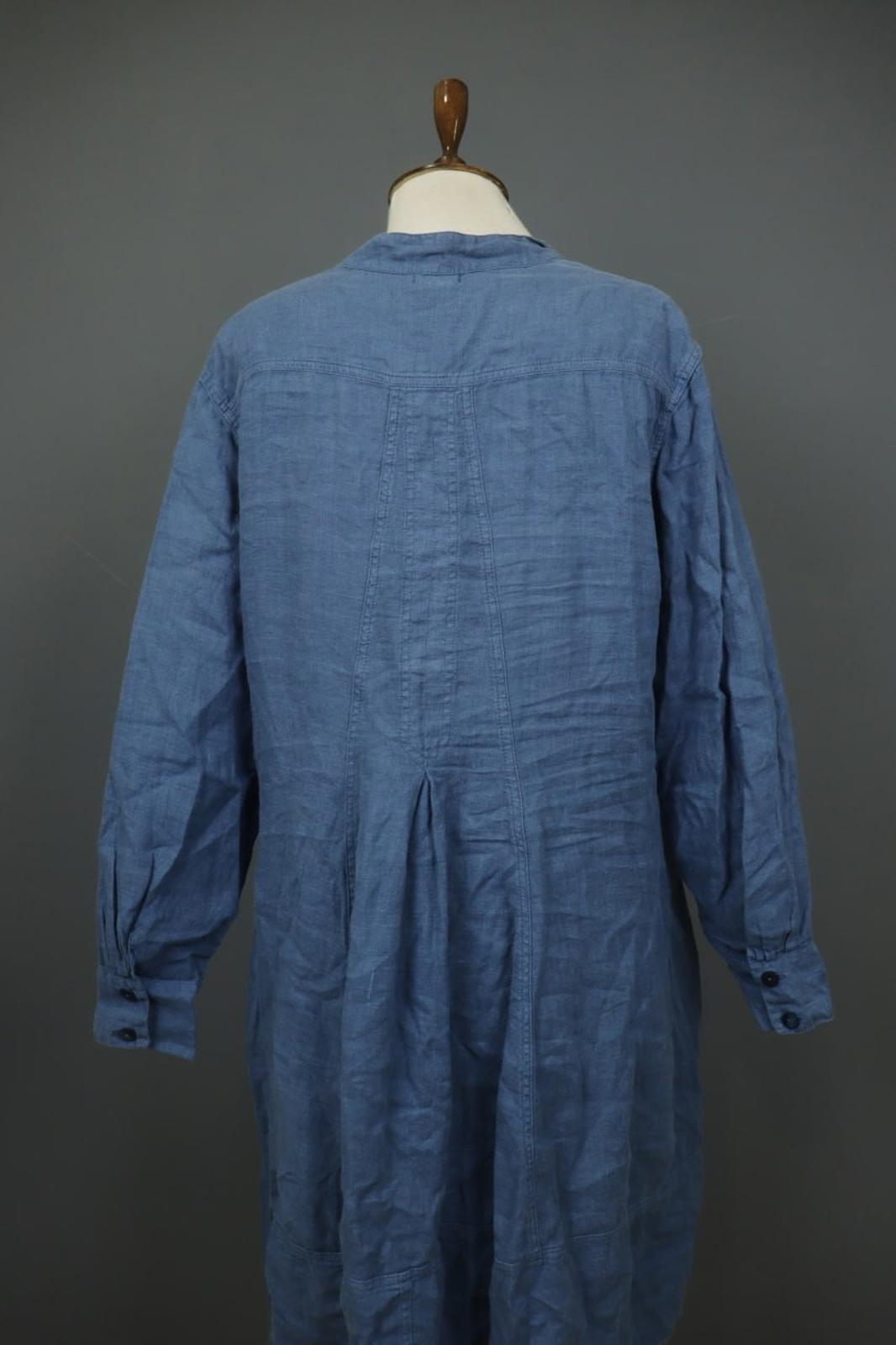 GRIZAS Blue 100% Linen Long Sleeve Band Collar Button Front Tunic Dress – Size M
