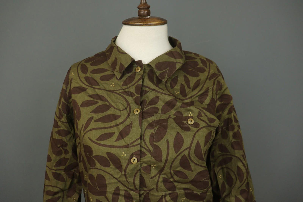 GUDRUN SJODEN Leaf Print Cotton Long Sleeve Casual Collared Button-Up Shirt Sz M