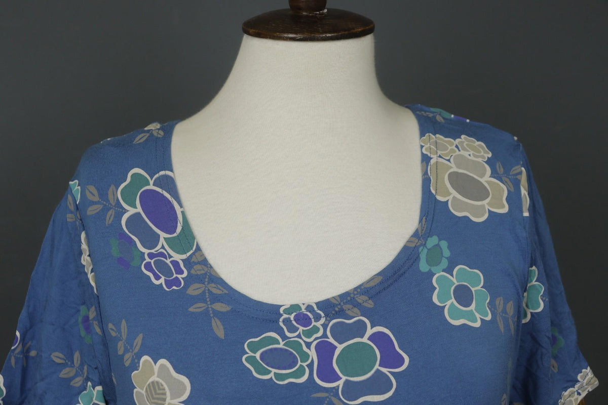 GUDRUN SJODEN Blue Modal Floral Short Sleeve Scoop Neck Shift Dress – Size L
