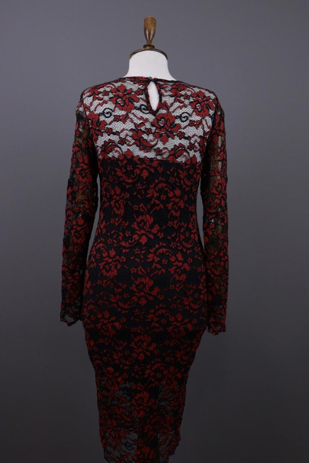 GANNI Red Floral Lace Embroidered Long Sleeve Bodycon Midi Dress – Size M