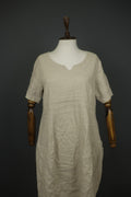 GRIZAS Beige 100% Linen Split Neck Short Sleeve Casual Summer Sheath Dress Sz L