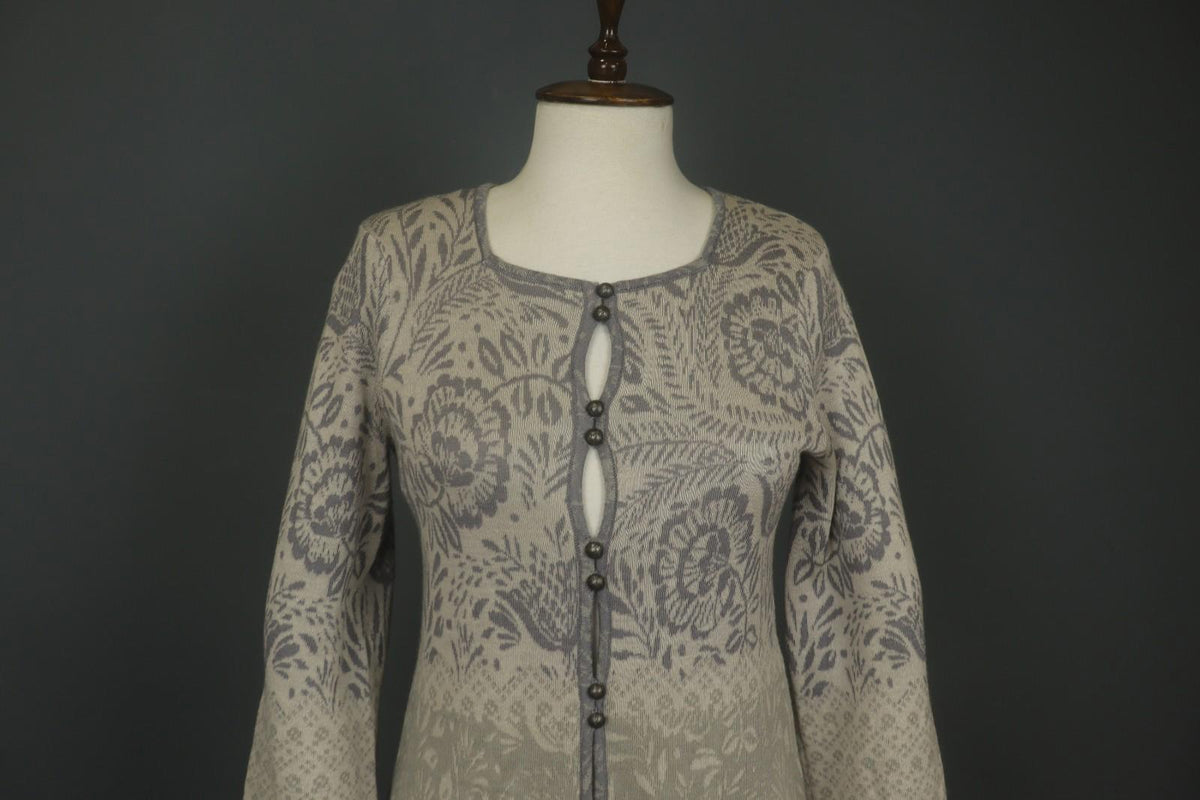 GUDRUN SJODEN Multi Floral Wool Knitted Round Neck Button Front Cardigan – Size S