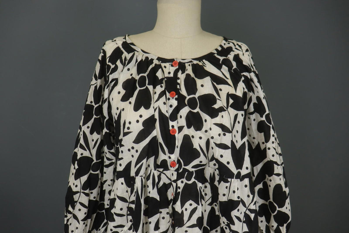 GUDRUN SJODEN White Black Floral Cotton Long Sleeve Button Front Blouse Top Sz S
