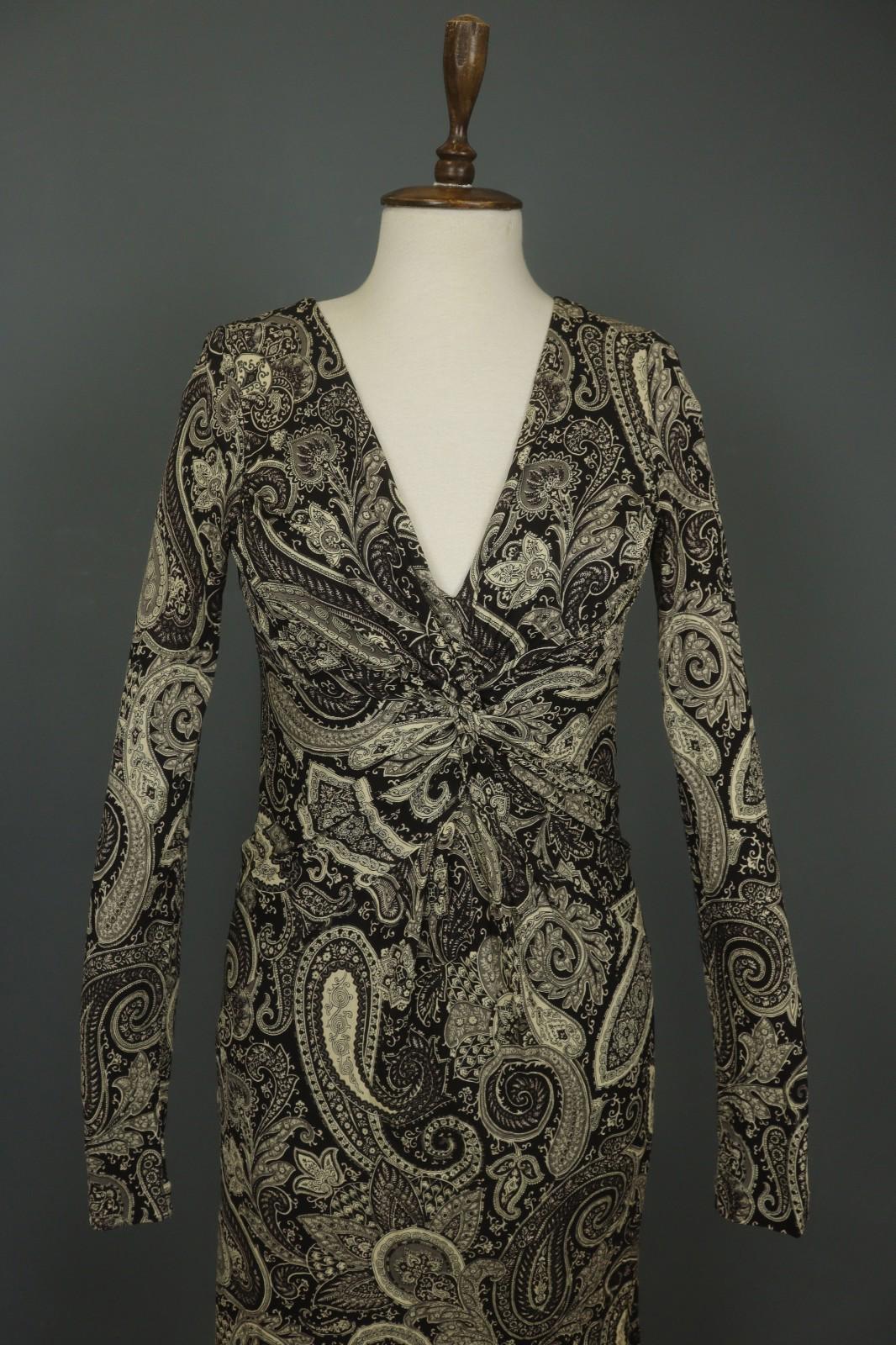 ETRO MILANO Multi Paisley 100% Viscose Long Sleeve V-Neck Sheath Dress – Size 46