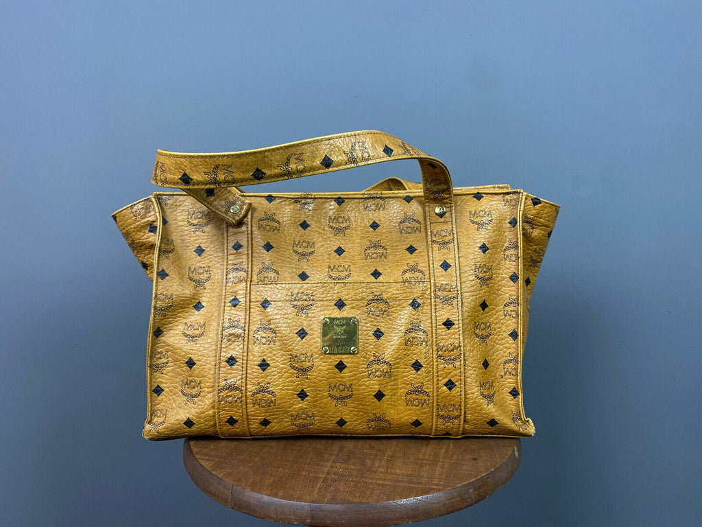 MCM Brown Leather Monogram Logo Tote Bag Shoulder Bag – Women's