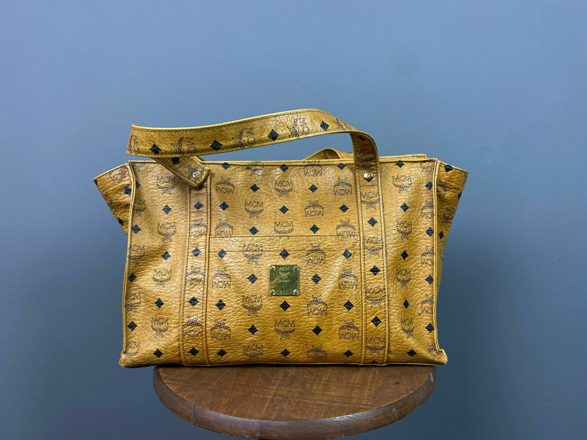 MCM Brown Leather Monogram Logo Tote Bag Shoulder Bag – Women's