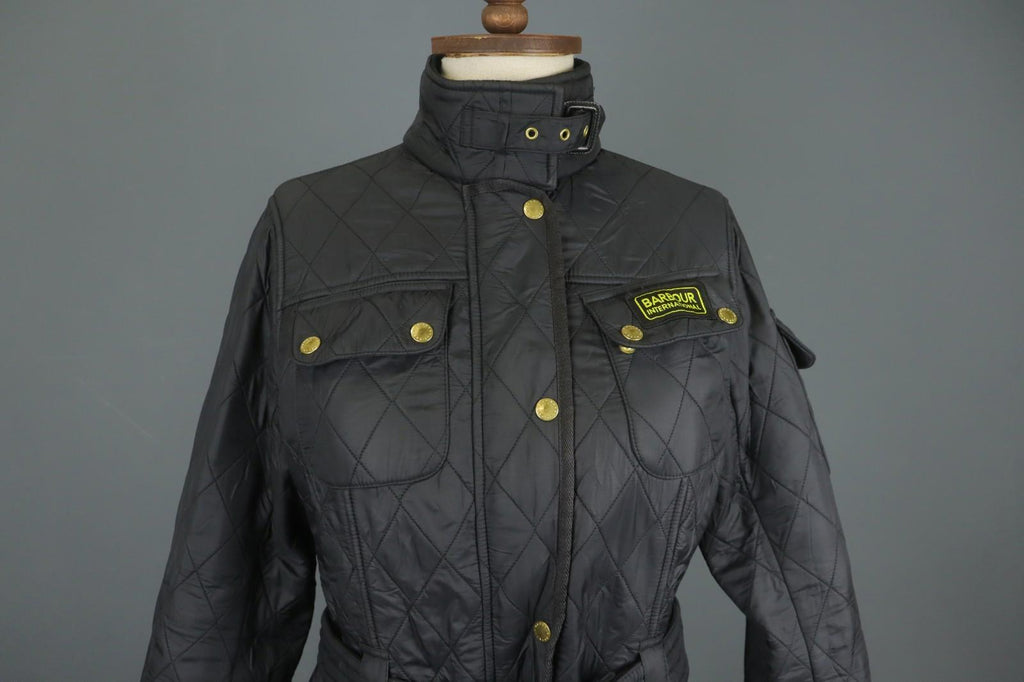 BARBOUR Black Belted Waist & Neck Long Sleeve Snap Front Quilted Jacket – Size 38