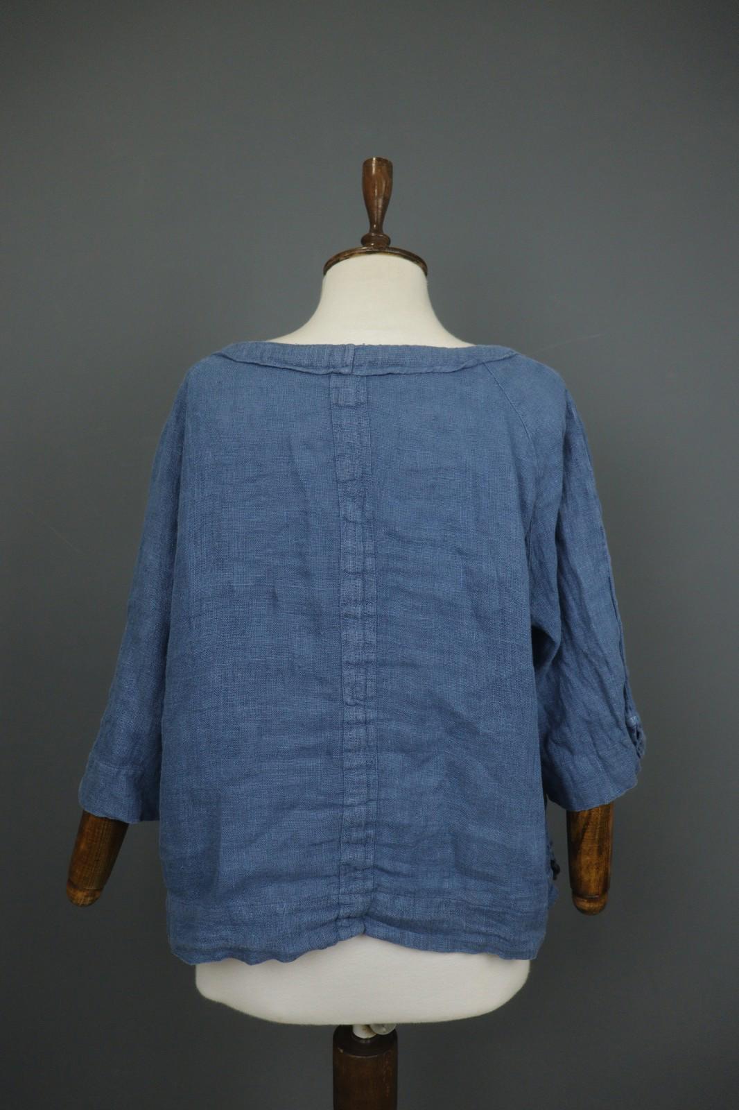 GRIZAS Blue Linen Knitted 3/4 Sleeve Pocket Hem Button Front Cardigan – Size L