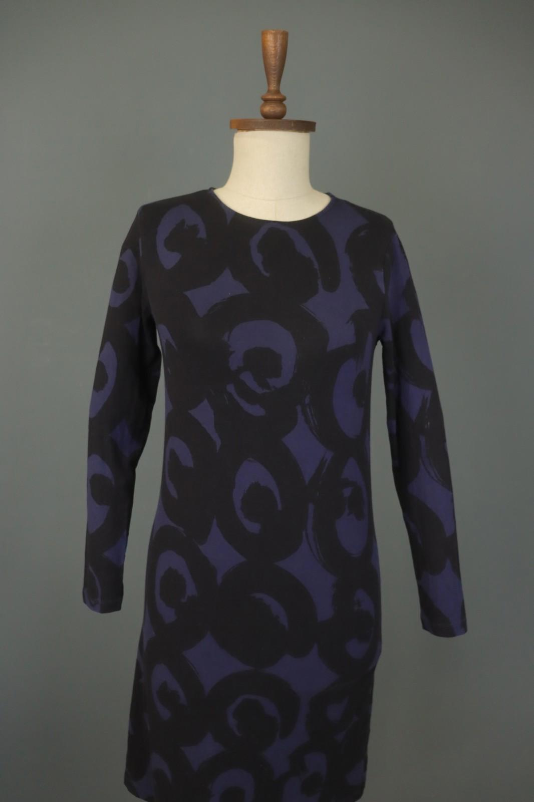 MARIMEKKO Purple Black Printed Viscose Long Sleeve Pullover Shift Dress – Size XS