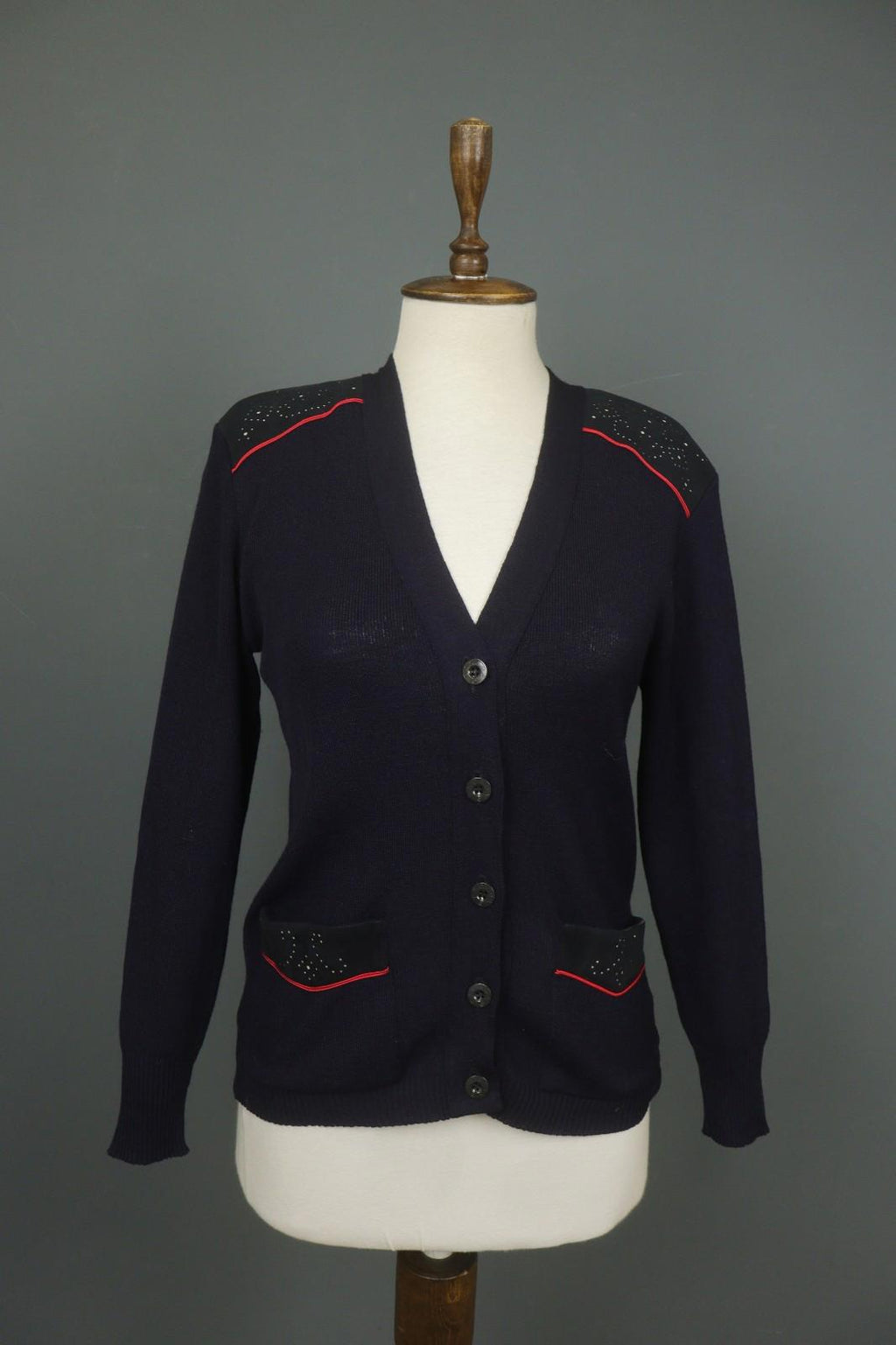 ESCADA Navy Wool Tight Kint Raglan Sleeve V-Neck Button Front Cardigan – Size 40