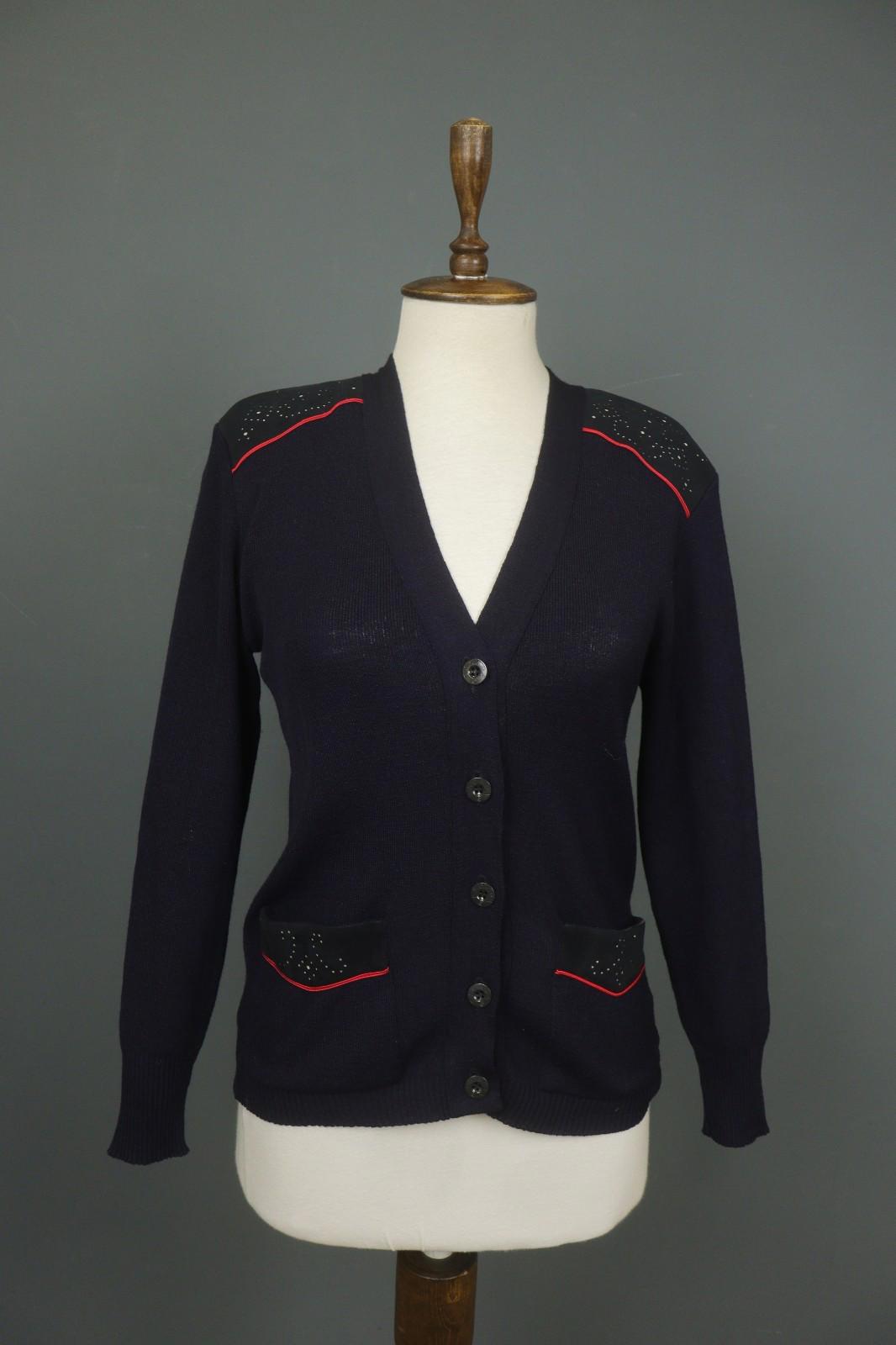 ESCADA Navy Wool Tight Kint Raglan Sleeve V-Neck Button Front Cardigan – Size 40