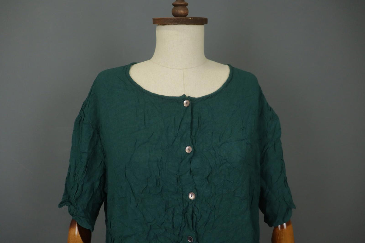 GUDRUN SJODEN Green Viscose Half Sleeve Round Neck Button Front Shirt Top Sz XXL