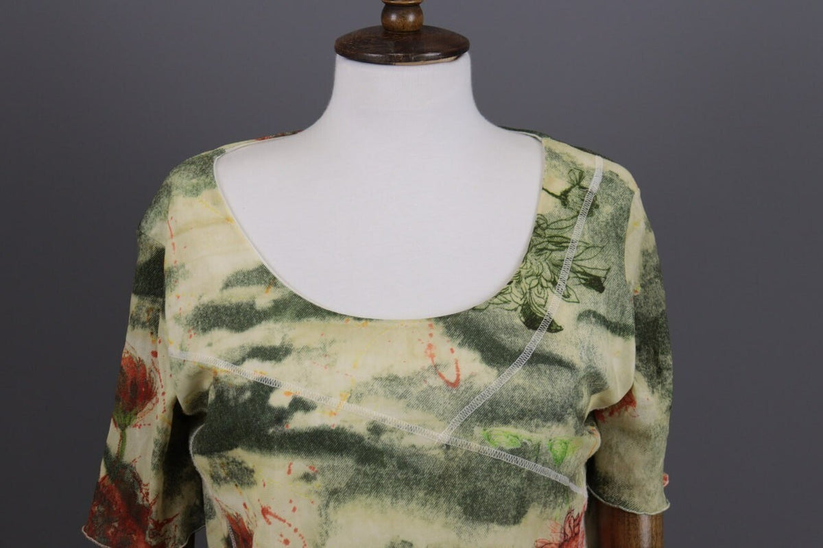 Elisa Cavaletti Green Floral Designer Short Sleeve Blouse Shirt – Size 46 / L